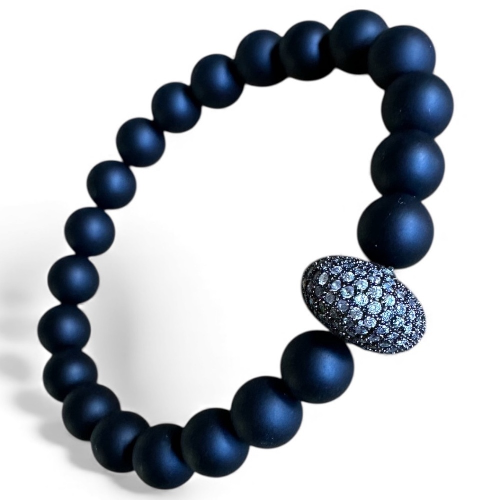 Matte 8mm Onyx Stretch Bracelet w/ Black Pave Crystal Disc Spacer